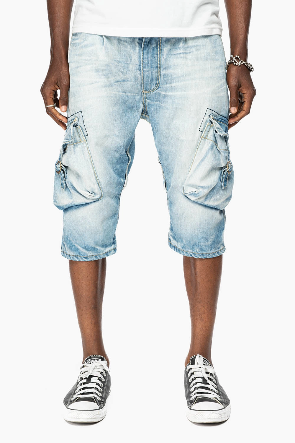 ROBINS LIMITED EDITION MILITARY CARGO SHORTS IN 5D LIGHT BLUE  WASH WITH EMBALISHMENT Double Layered Knees