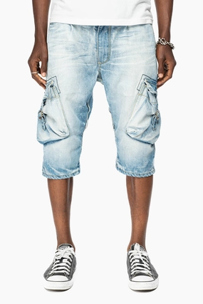 ROBINS LIMITED EDITION MILITARY CARGO SHORTS IN 5D LIGHT BLUE  WASH WITH EMBALISHMENT Double Layered Knees
