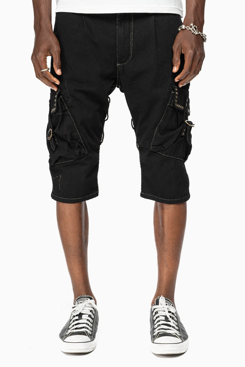 Traveler Gear Brunch Outfit Casual Friday ROBINS LIMITED EDITION MILITARY CARGO SHORTS IN PURE BLK WITH BLK DIAMOND CRYSTALS