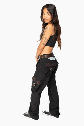 ROBINS NEW MILITARY STYLE CARGO PANTS IN BLACK WITH JET BLK AND RED CRYSTALS Essential Piece Compact Weave Technology