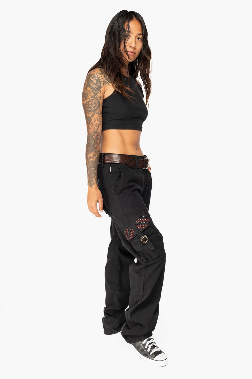 Minimalist Night Out Smooth Comfy Waist Fit ROBINS NEW MILITARY STYLE CARGO PANTS IN BLACK WITH JET BLK AND RED CRYSTALS