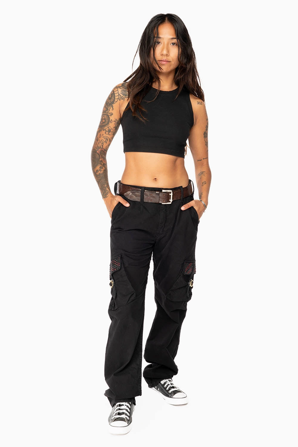 ROBINS NEW MILITARY STYLE CARGO PANTS IN BLACK WITH JET BLK AND RED CRYSTALS Weekend Getaway Outdoor Adventure Picnic Style