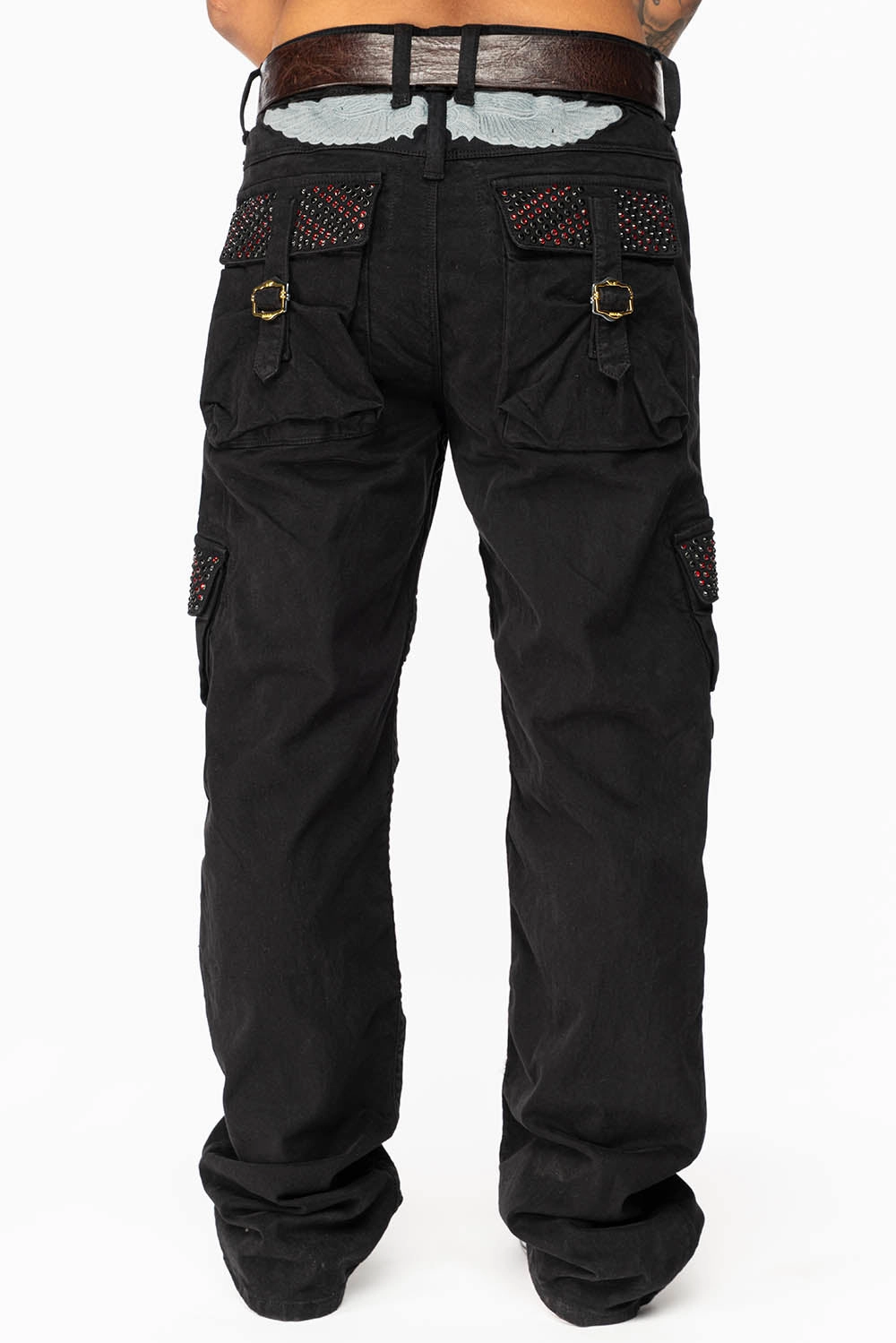 Lightweight Denim Blend City Ready ROBINS NEW MILITARY STYLE CARGO PANTS IN BLACK WITH JET BLK AND RED CRYSTALS