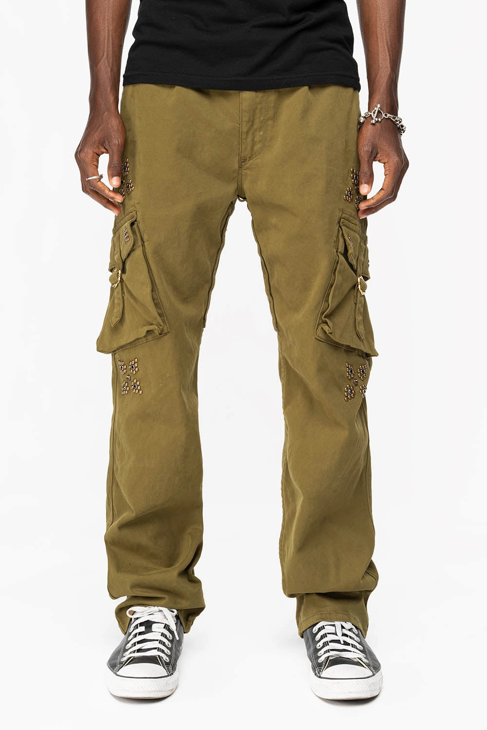 Reliable Fit Minimalist Trendy Everyday ROBINS NEW MILITARY STYLE CARGO PANTS IN OLIVE  WITH WESTERN CRYSTAL MOTIF