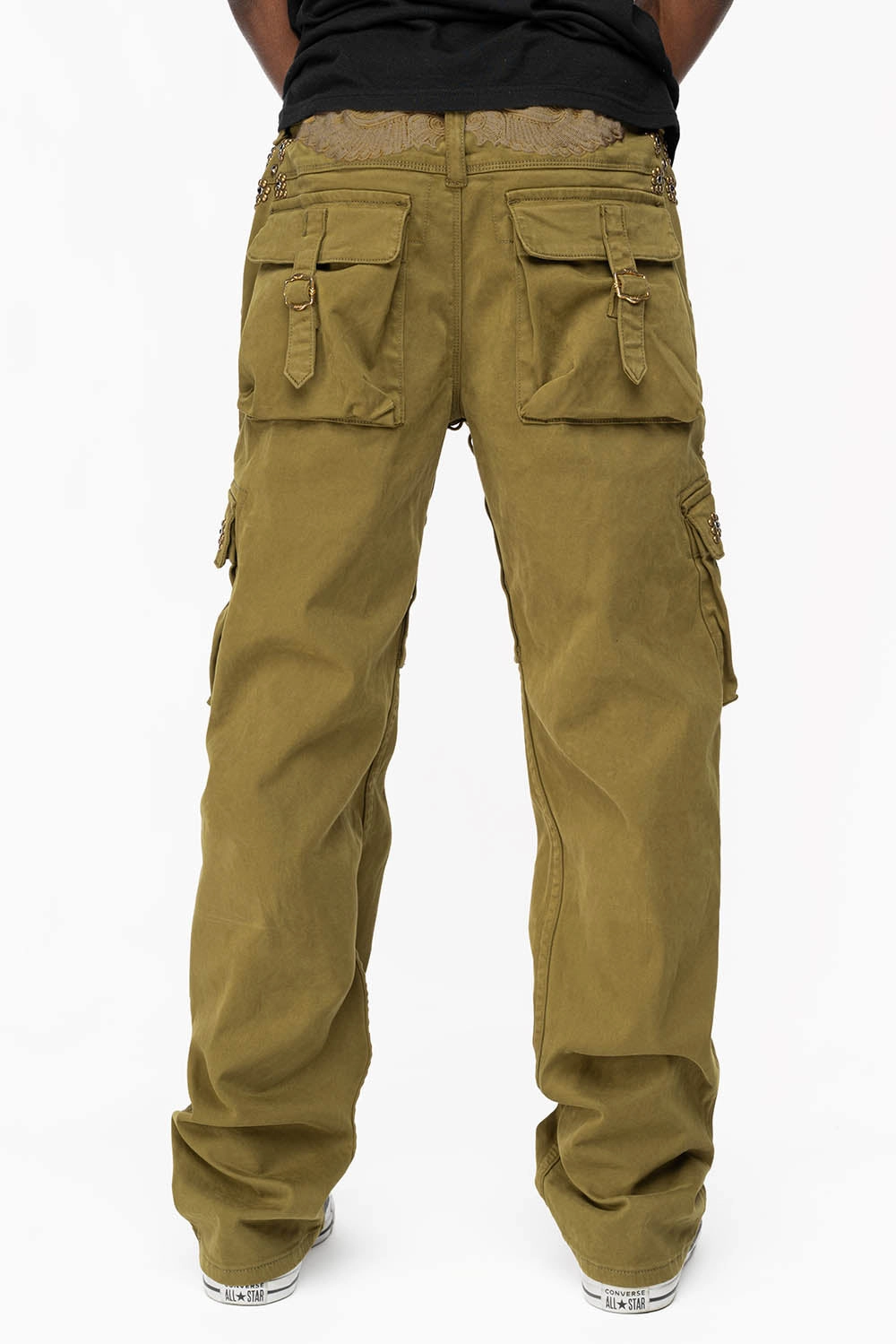 ROBINS NEW MILITARY STYLE CARGO PANTS IN OLIVE  WITH WESTERN CRYSTAL MOTIF Smart Casual Street Basics