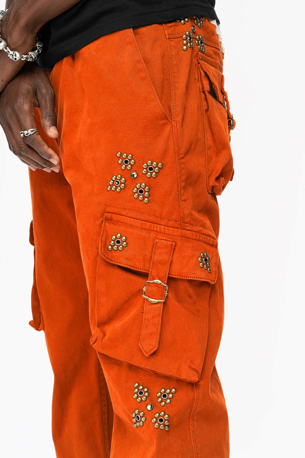 Subtle Detail ROBINS NEW MILITARY STYLE CARGO PANTS IN ORANGE  WITH WESTERN CRYSTAL MOTIF