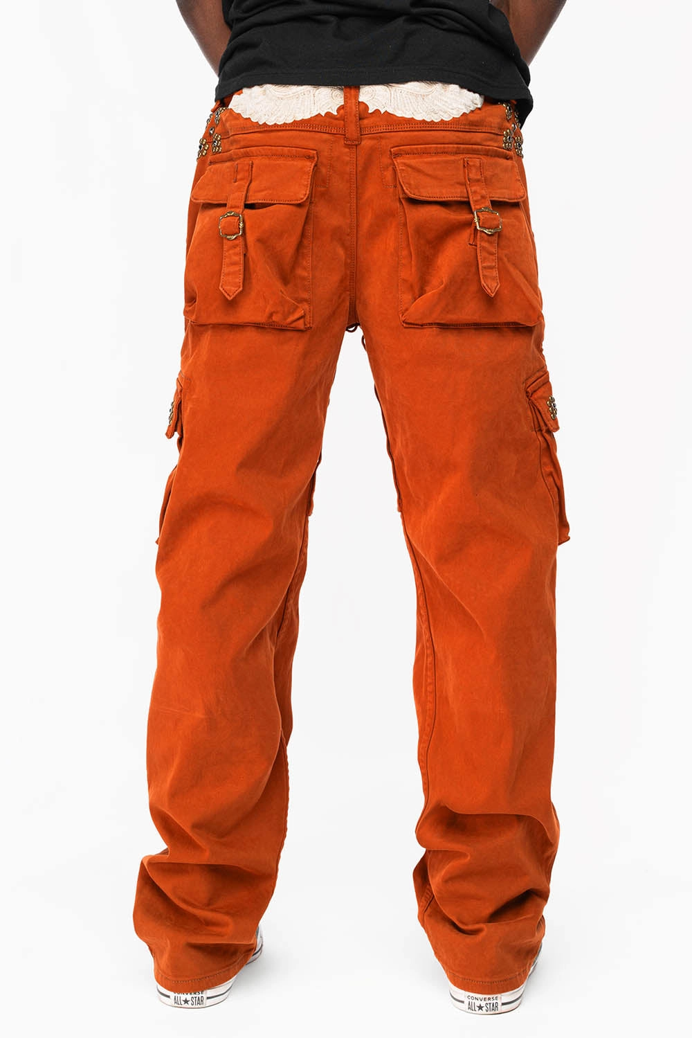 ROBINS NEW MILITARY STYLE CARGO PANTS IN ORANGE  WITH WESTERN CRYSTAL MOTIF Quick Pick Casual Morning Stroll
