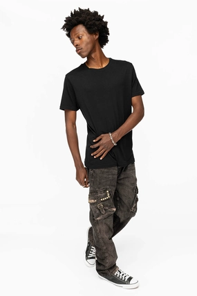 Slim Design ROBINS NEW MILITARY STYLE CARGO PANTS IN VINTAGE CHARCOAL COLOR WASH WITH RED AB CRYSTALS