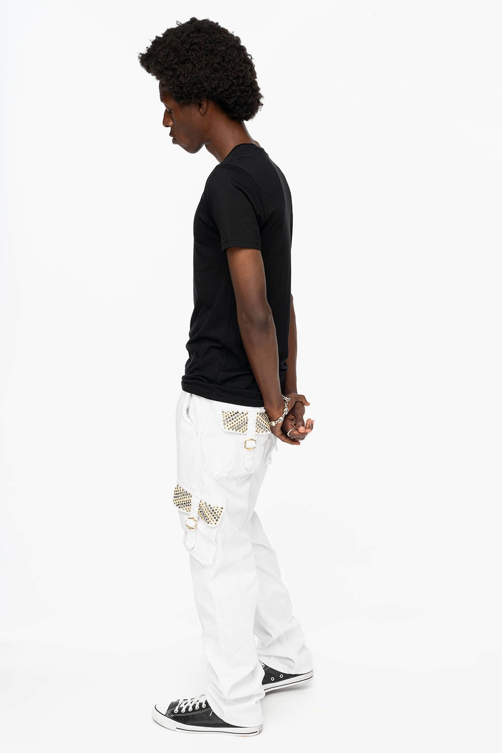Loose High Quality Morning Stroll Seasonal piece ROBINS NEW MILITARY STYLE CARGO PANTS IN WHITE WITH BLK DIAMOND AND AURUM CRYSTALS