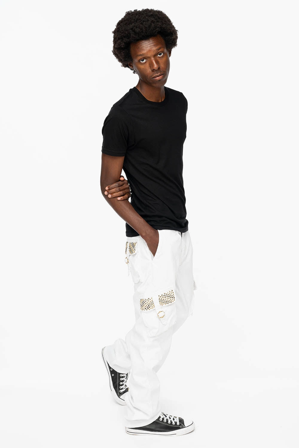 Low Maintenance Breathable fabric technology ROBINS NEW MILITARY STYLE CARGO PANTS IN WHITE WITH BLK DIAMOND AND AURUM CRYSTALS