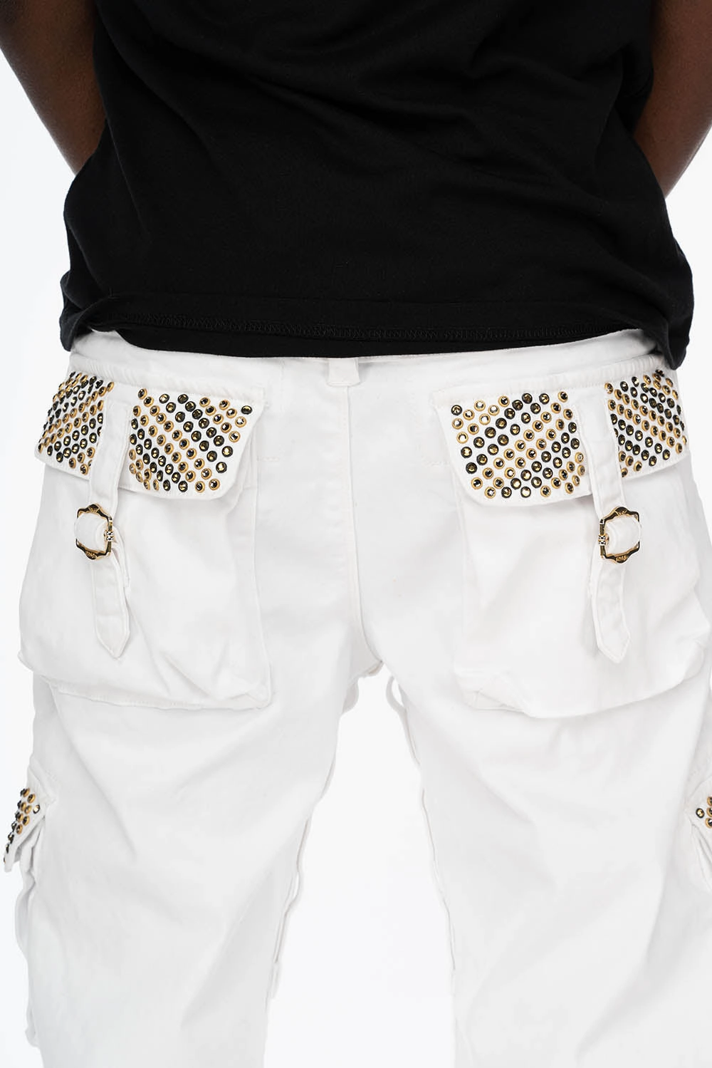 ROBINS NEW MILITARY STYLE CARGO PANTS IN WHITE WITH BLK DIAMOND AND AURUM CRYSTALS Comfy Tailoring Dynamic Style