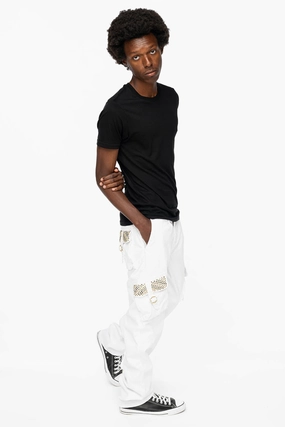 Low Maintenance Breathable fabric technology ROBINS NEW MILITARY STYLE CARGO PANTS IN WHITE WITH BLK DIAMOND AND AURUM CRYSTALS