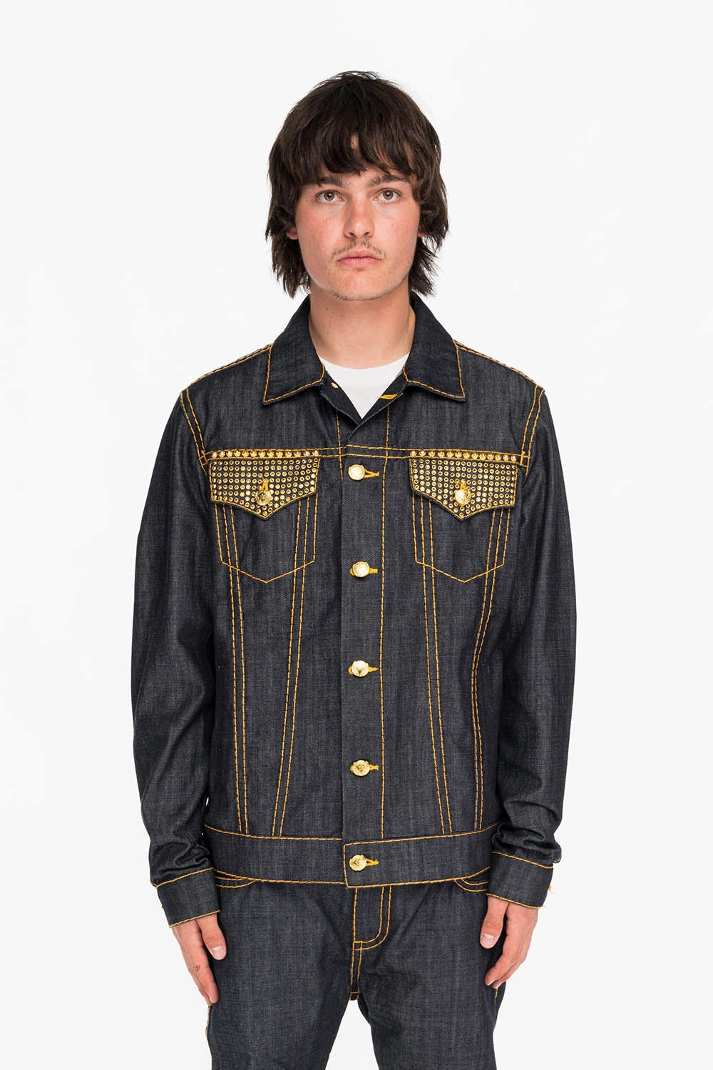 Hooded Attachment ROBINS RAW DENIM COLLECTION MENS JACKET IN RAW INDIGO DENIM WITH AURUM  CRYSTAL AND STUDS