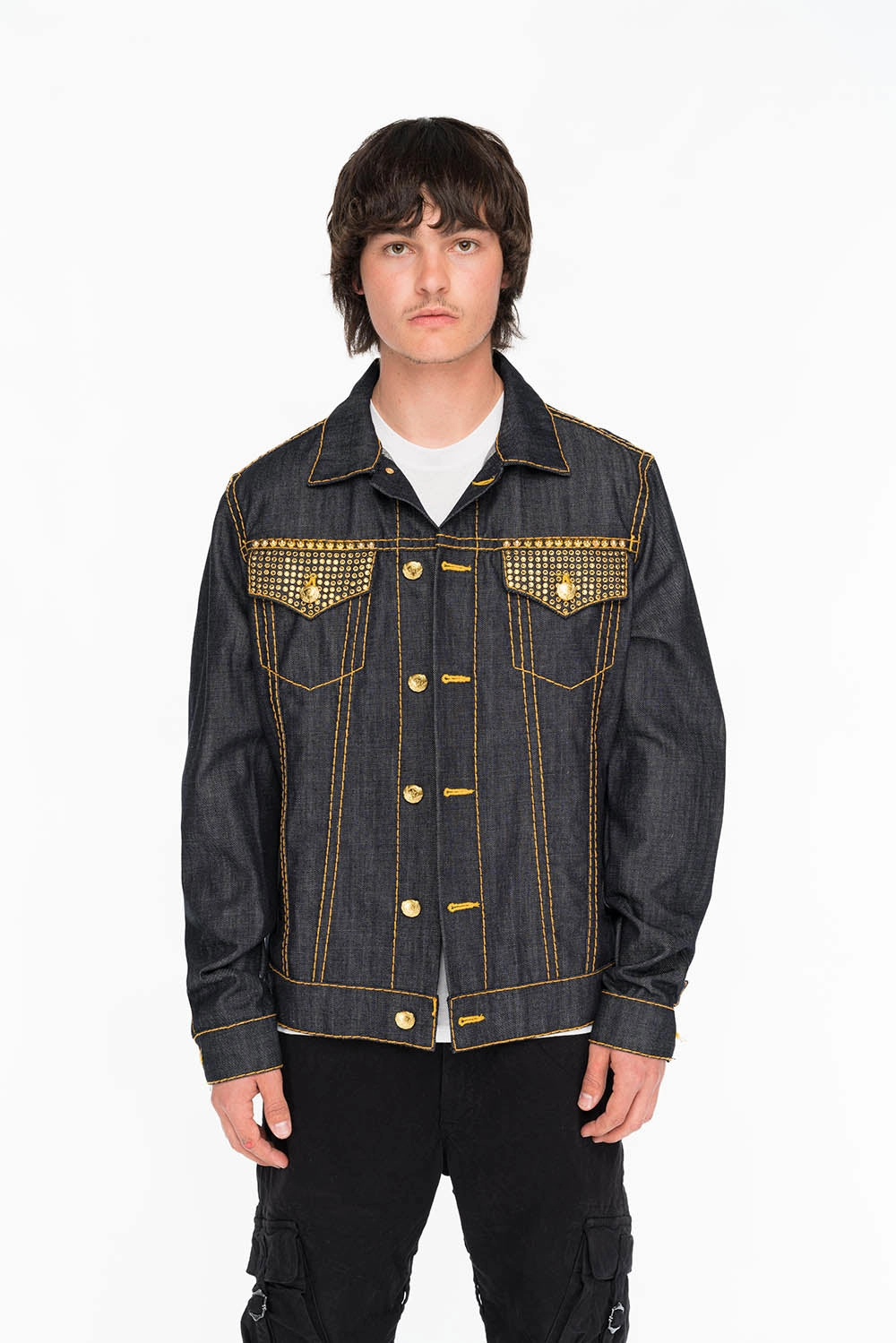 Modular Attachment Points ROBINS RAW DENIM COLLECTION MENS JACKET IN RAW INDIGO DENIM WITH AURUM  CRYSTAL AND STUDS