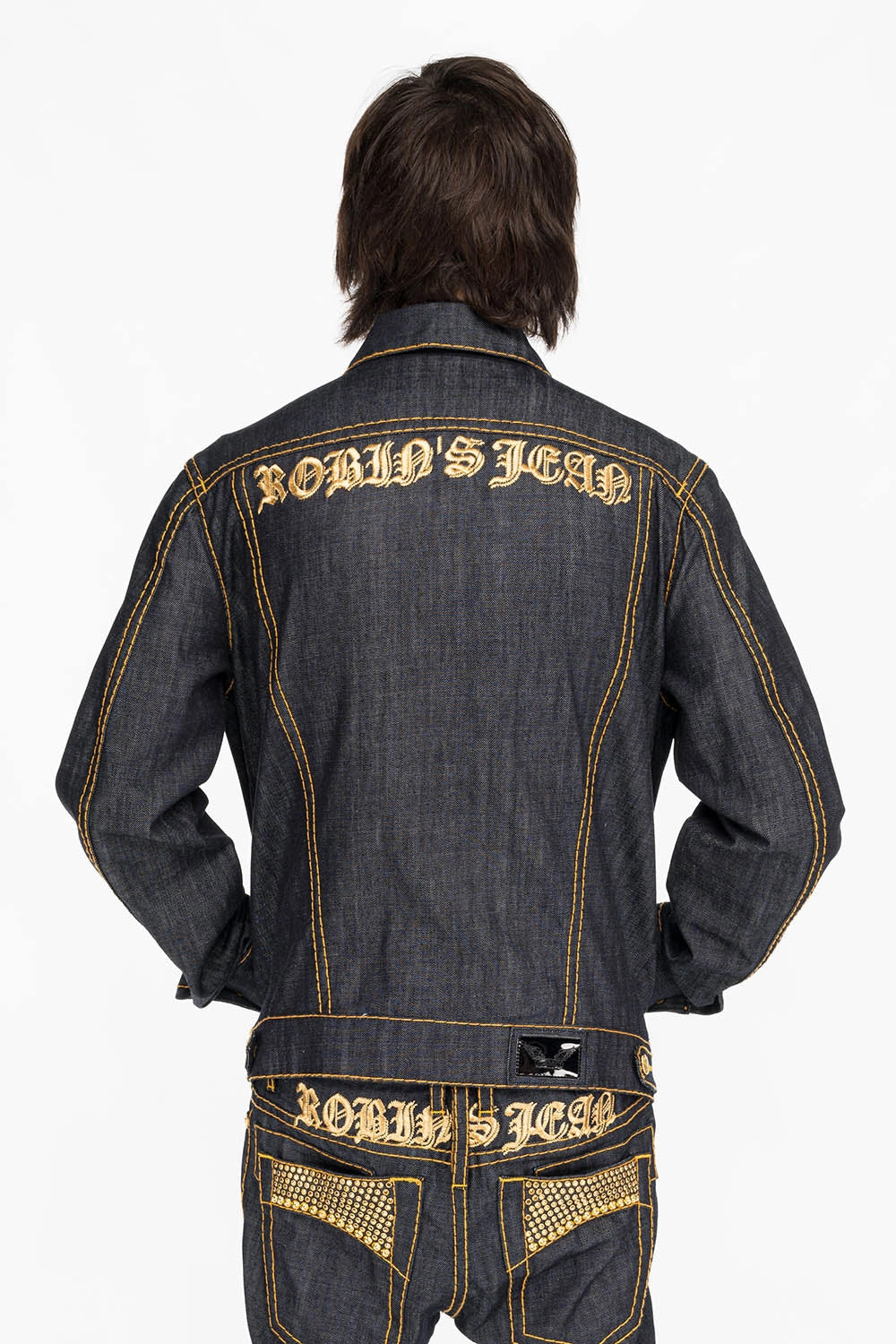 ROBINS RAW DENIM COLLECTION MENS JACKET IN RAW INDIGO DENIM WITH AURUM  CRYSTAL AND STUDS AntiStatic Inner Layer