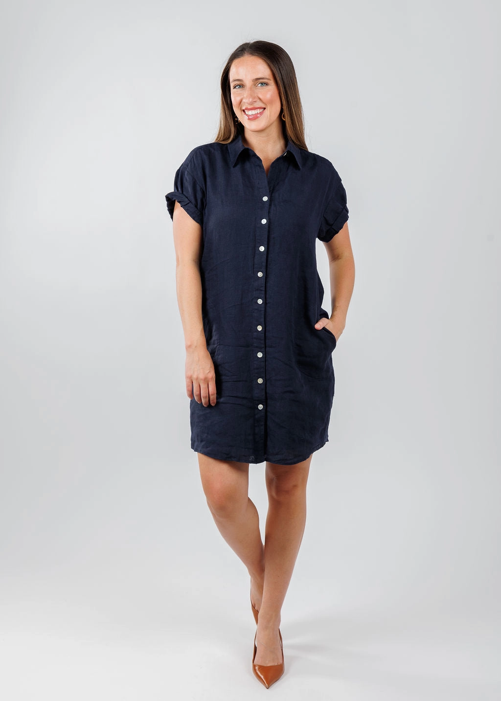 Halter-Neck Warm Touch Roll Sleeve Washed Linen Camp Dress - Navy