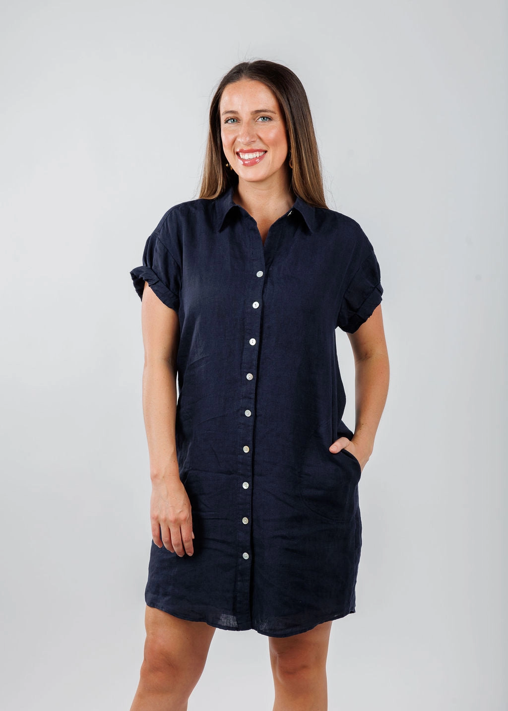 Contrasting Detail Roll Sleeve Washed Linen Camp Dress - Navy