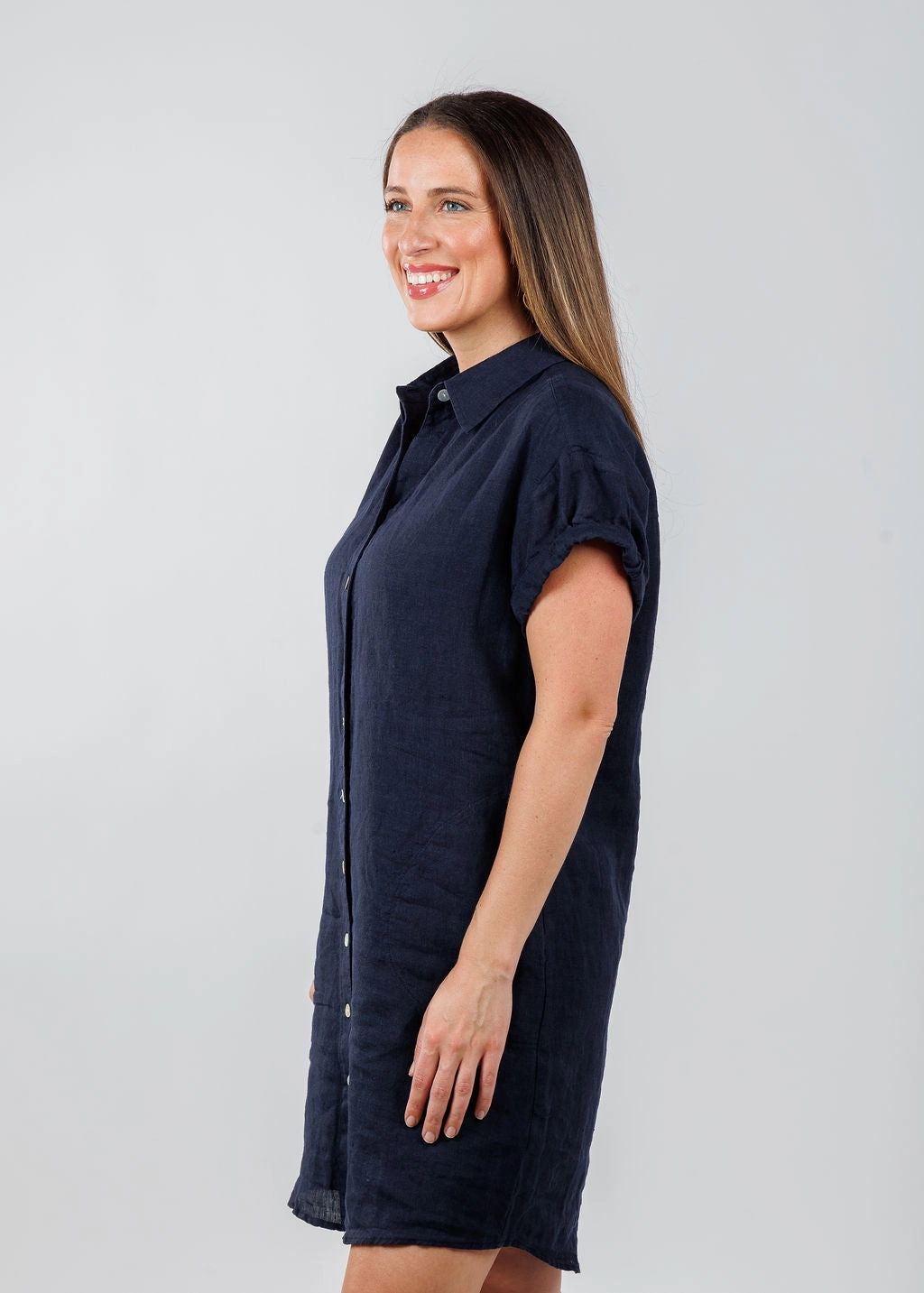 Roll Sleeve Washed Linen Camp Dress - Navy Sister Charm