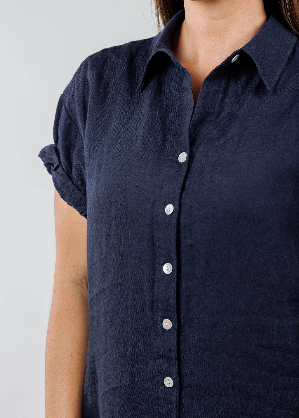 Roll Sleeve Washed Linen Camp Dress - Navy Glam Touch