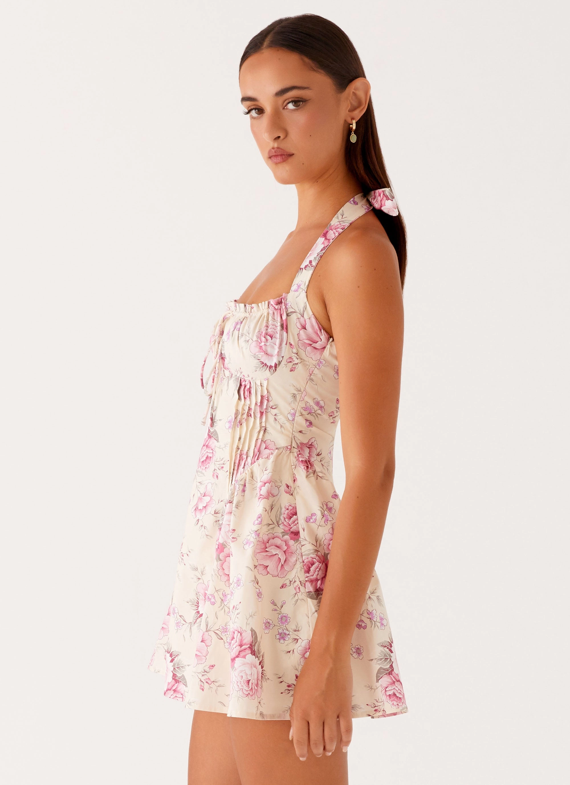 Casual Style Wear Side Ruching Rosalie Halter Mini Dress - Vintage Pink Floral