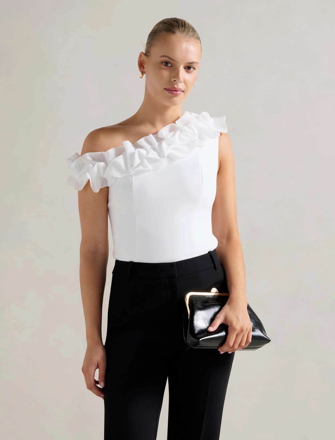 Sadie Tipped Shoulder Ruffle Top Button Down Collar Style Active Look