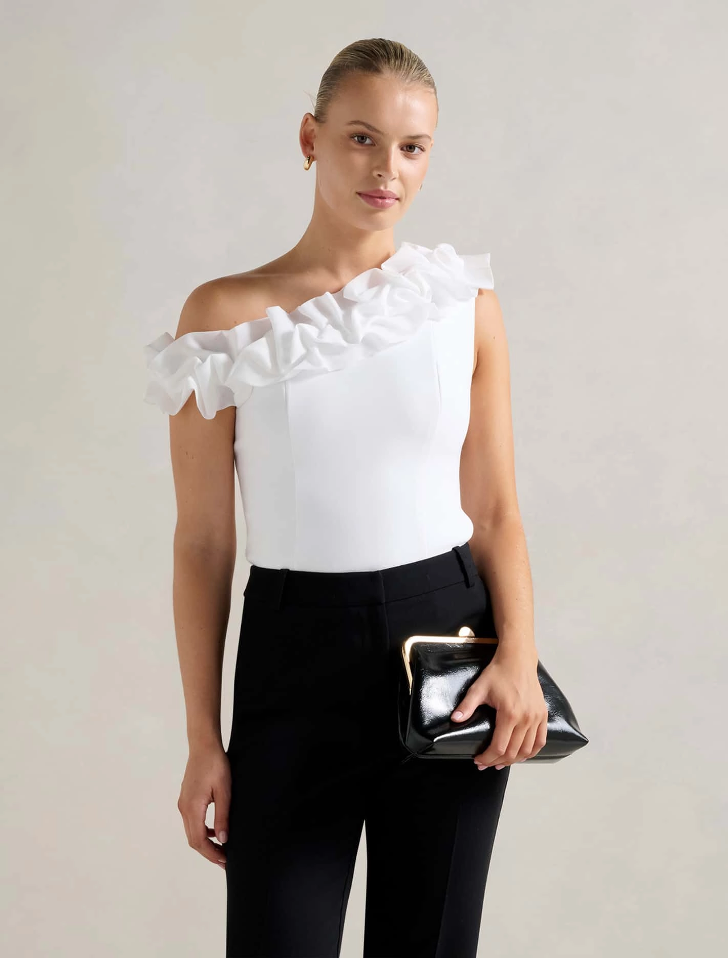 Ribbed Hemline ContrastTipping Sadie Tipped Shoulder Ruffle Top