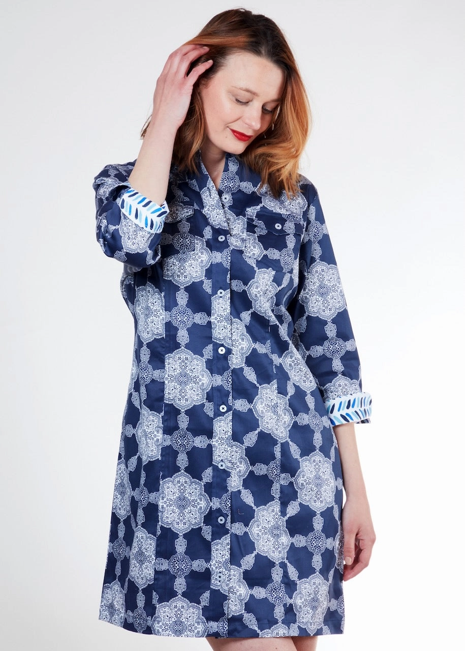Front Detail Sag Harbor Dress - Navy Gound Medallion Print