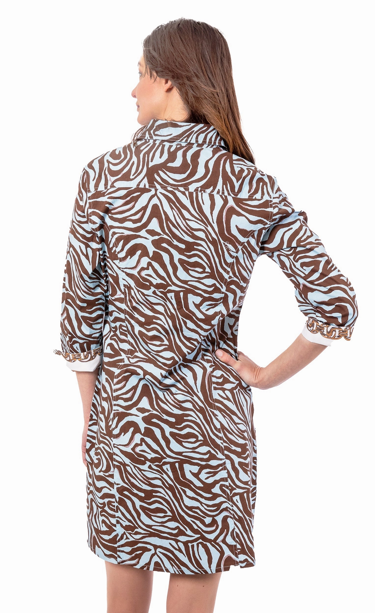 Comfort and Elegance Bare Arm Sag Harbor Dress - Turquoise Chocolate Tiger Print