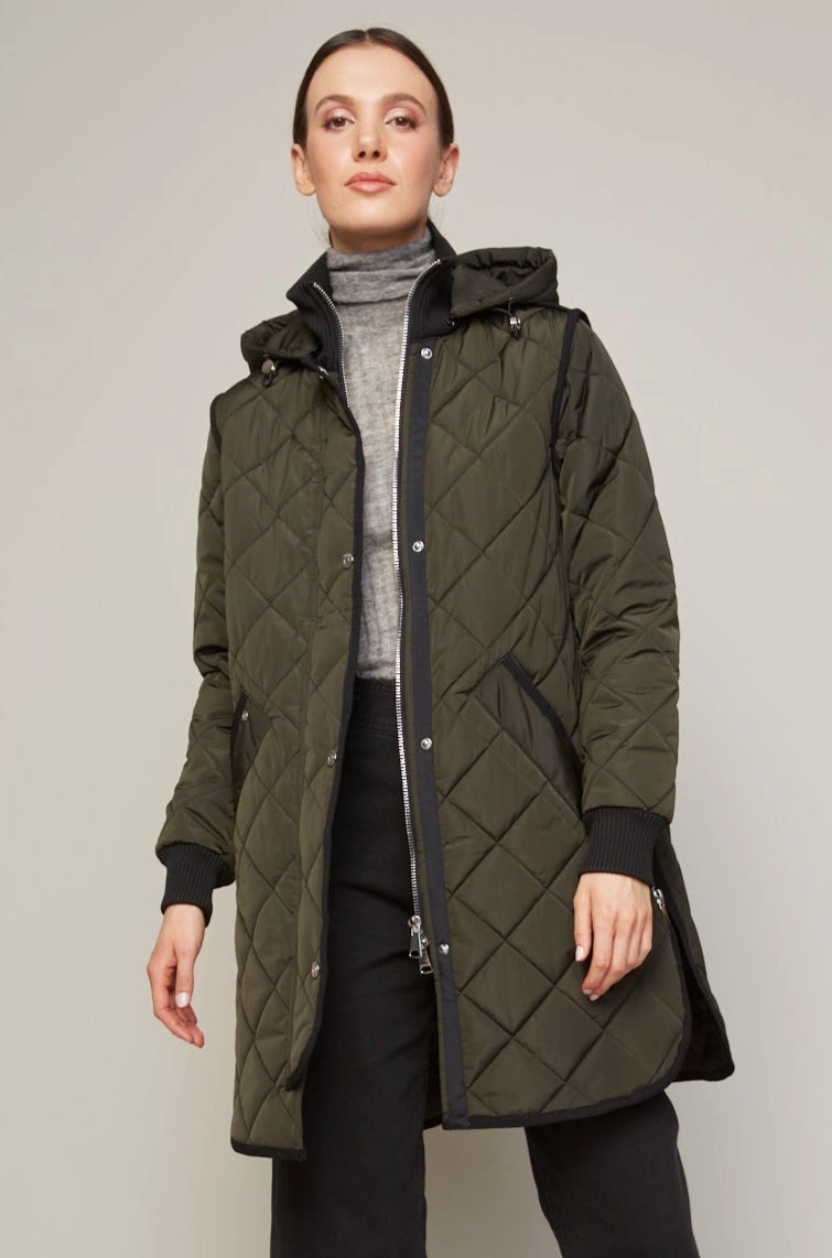 MultiPocket Layout Libby Quilted Full Zip Coat With Removable Hood - Forest Green