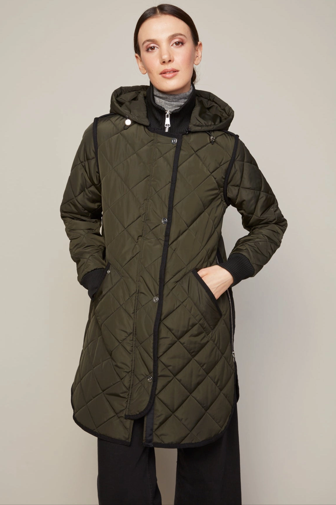 Libby Quilted Full Zip Coat With Removable Hood - Forest Green All Season Compatibility