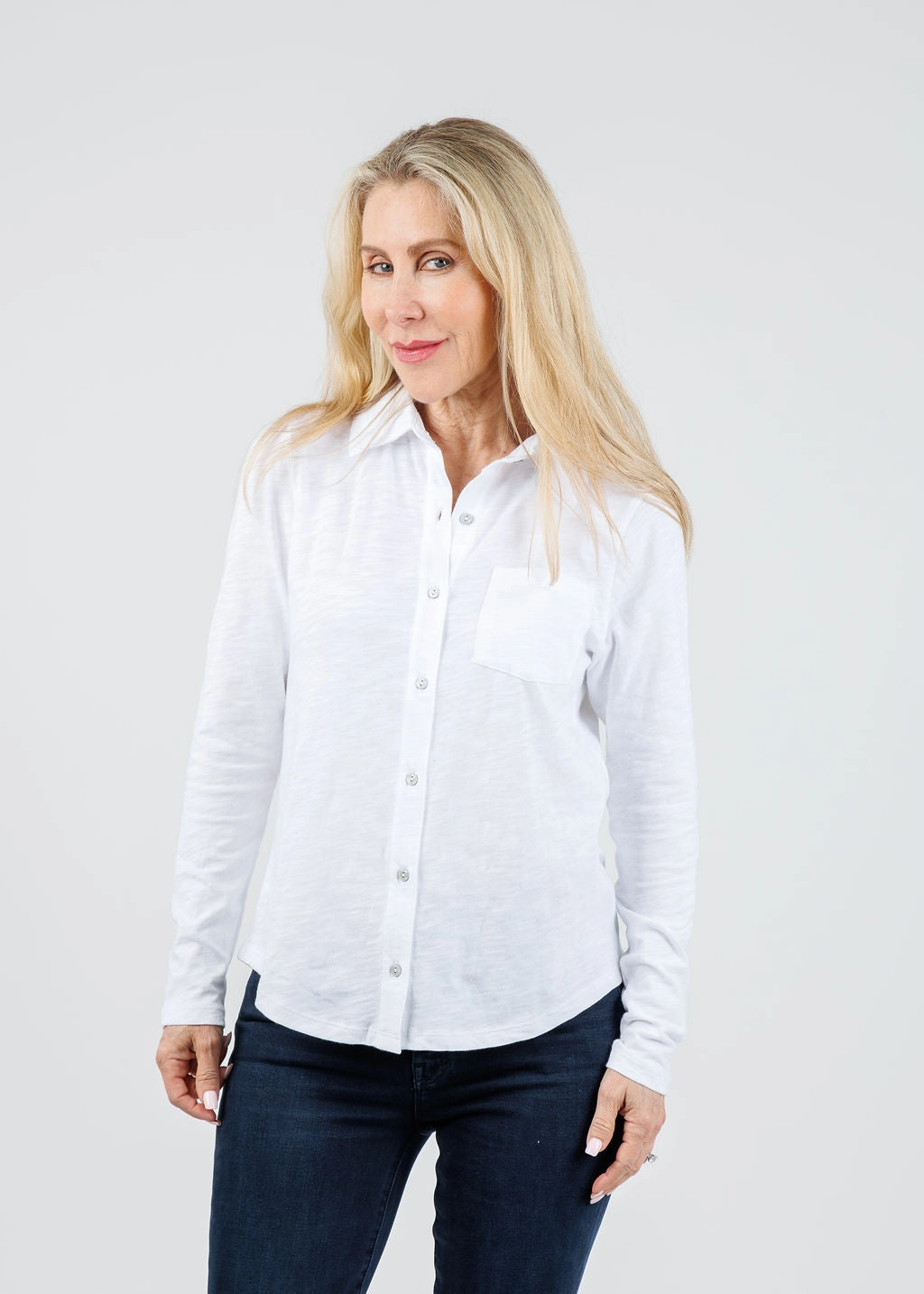 Reese Long Sleeve Button Front Shirt - White Layered Design Hooded Neckline