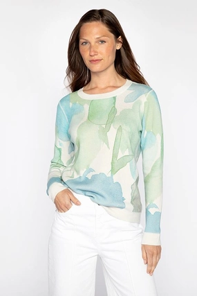 Reversible Print Crew Pullover - Ecru Multi Curved Hemline
