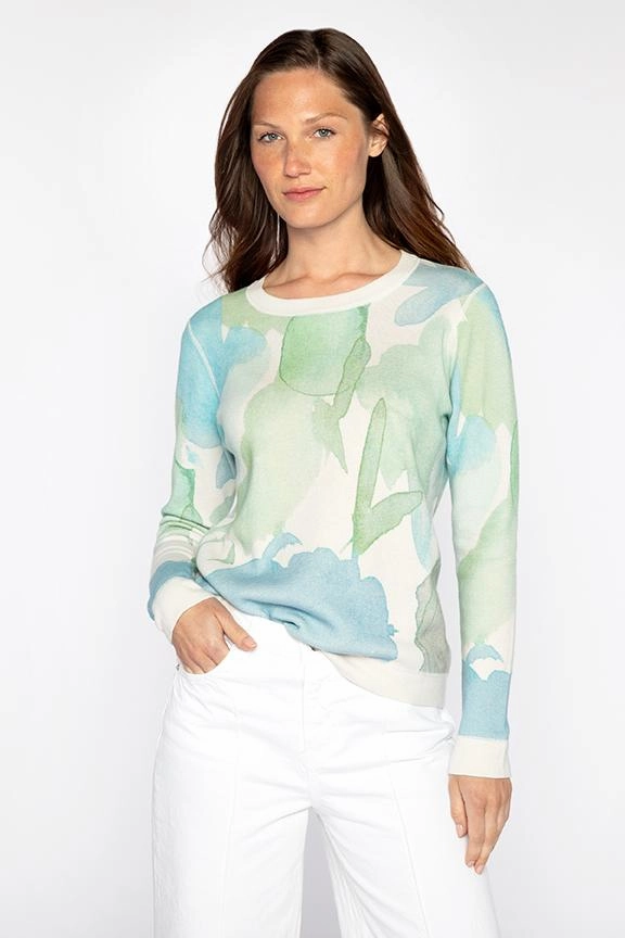 Reversible Print Crew Pullover - Ecru Multi Curved Hemline