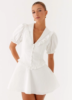 Seana Mini Dress - White Fitted waist Balloon-Sleeve