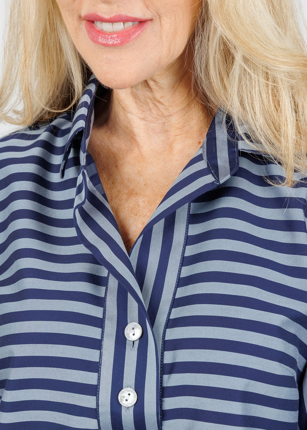 Trendy Daywear Reinforced Shoulders Aileen 3/4 Sleeve Classic Stripe Shirt - French Grey/Midnight