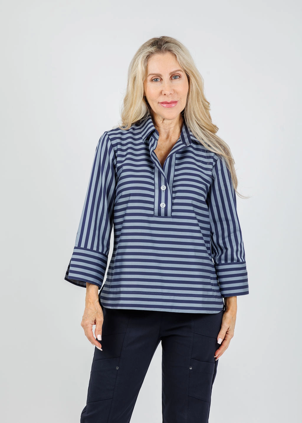 Chic Layer Aileen 3/4 Sleeve Classic Stripe Shirt - French Grey/Midnight