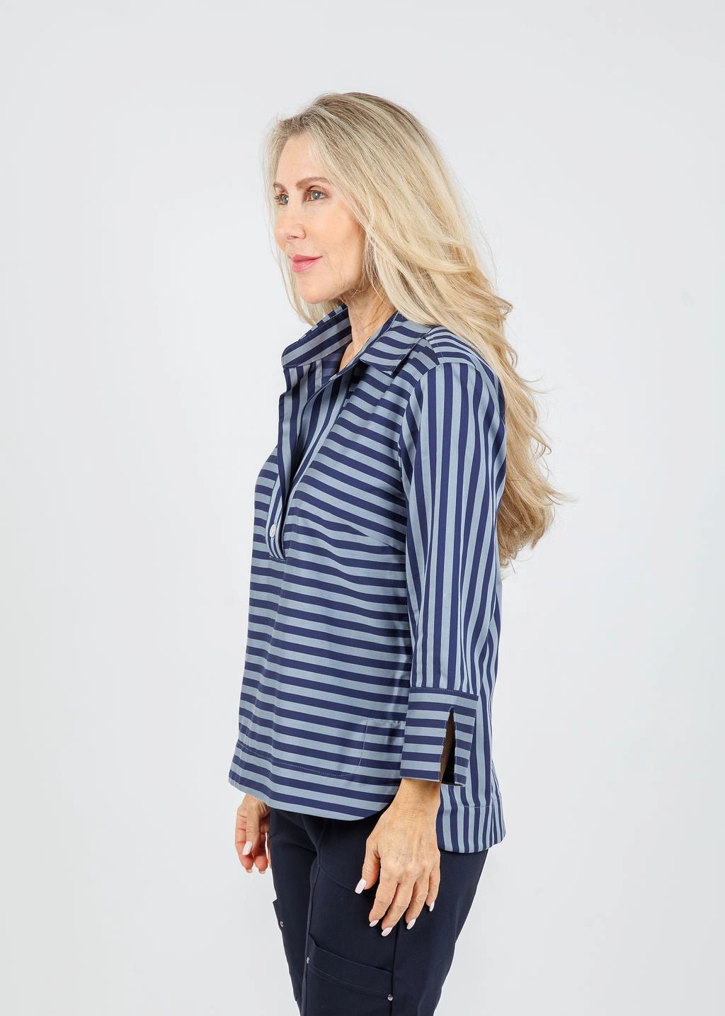 Versatile Layer Perfect Fit Aileen 3/4 Sleeve Classic Stripe Shirt - French Grey/Midnight