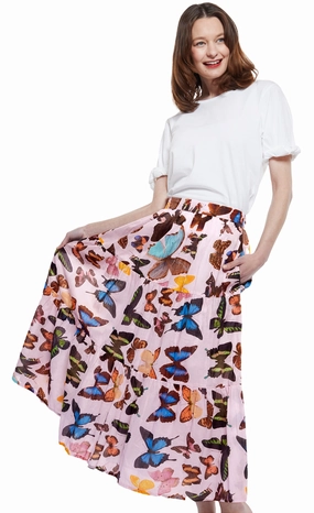 Soft Styling Bohemian vibe Woodstock Midi Skirt - Pink With Butterflies