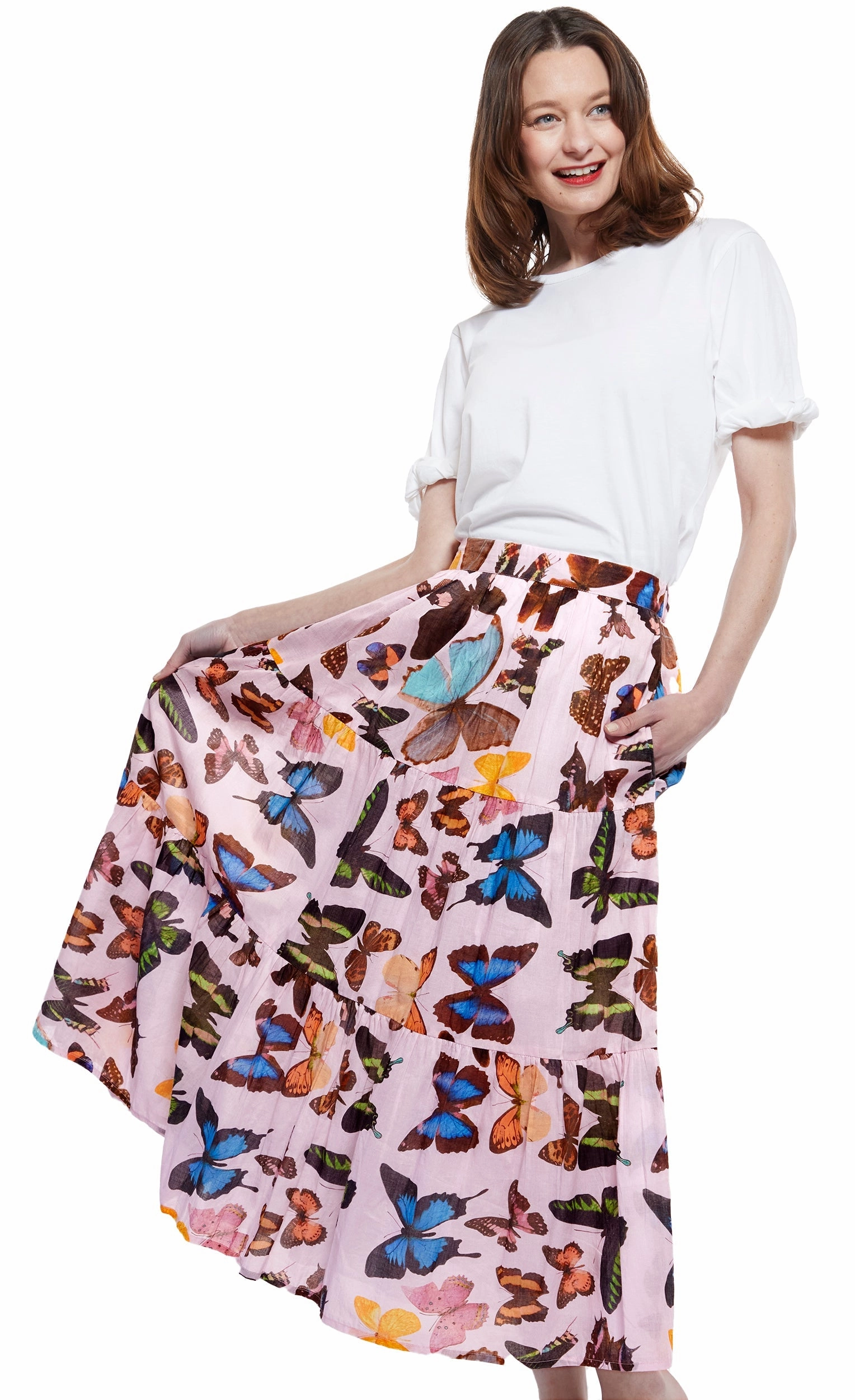 Soft Styling Bohemian vibe Woodstock Midi Skirt - Pink With Butterflies