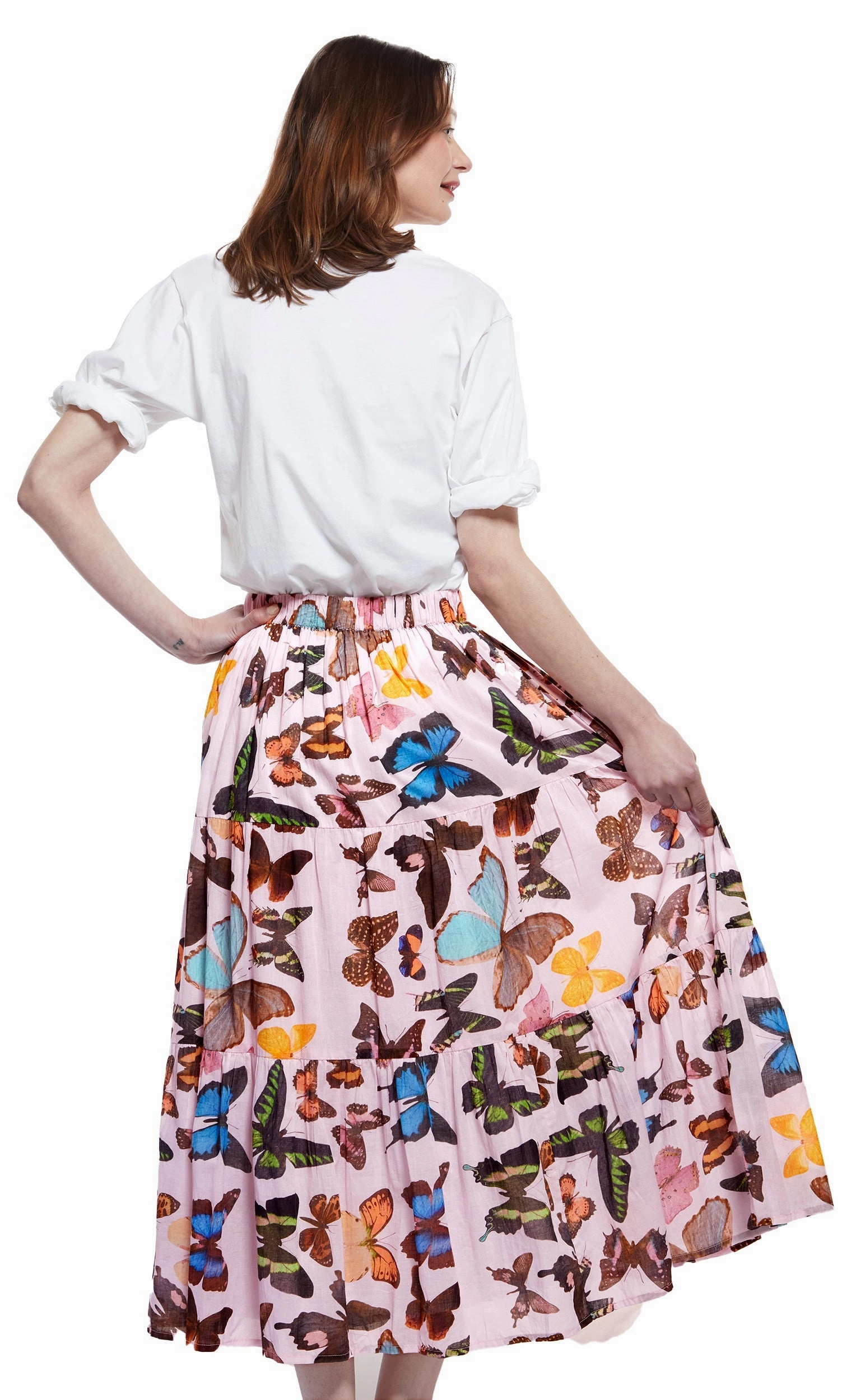 Woodstock Midi Skirt - Pink With Butterflies Simple Look elastic waistband