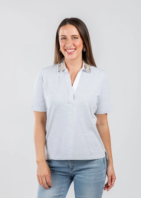 Comfortable Look Bamboo Fiber Blend Sequin Collar Short Sleeve Polo - Silver Melange