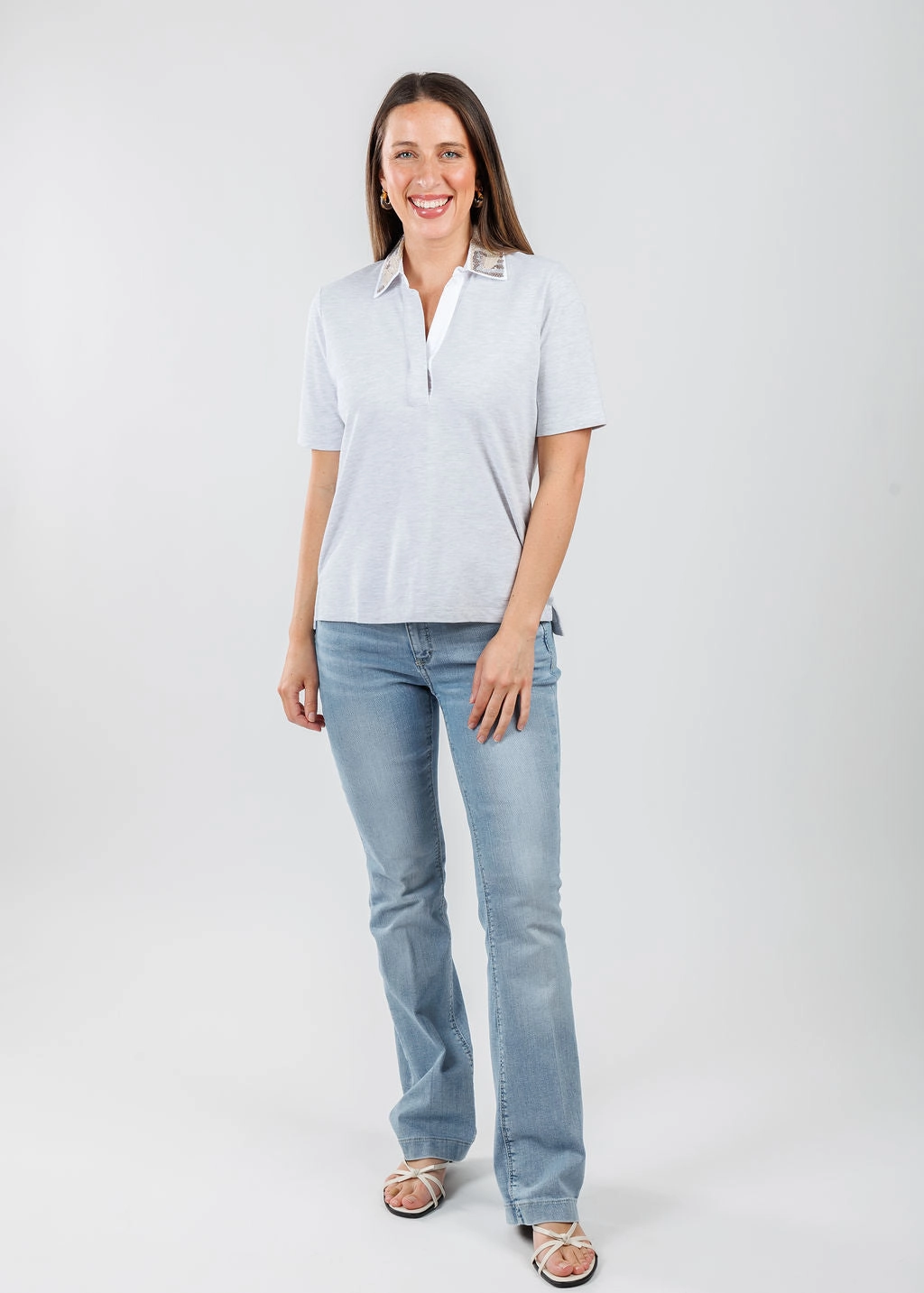 Sequin Collar Short Sleeve Polo - Silver Melange High Density Weave