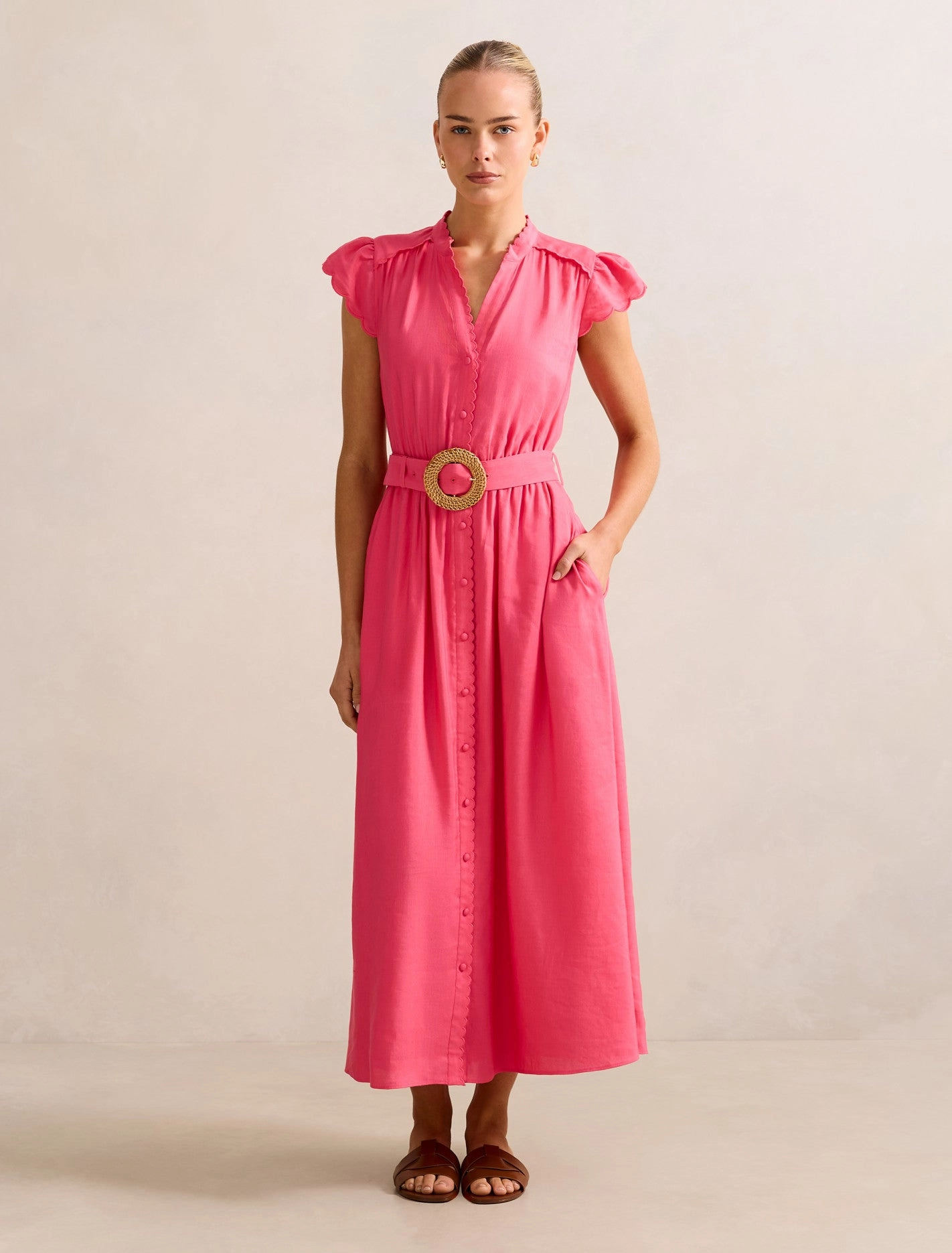 Serafina Scallop Edge Linen Midi Dress Easy Fit Street Elegance