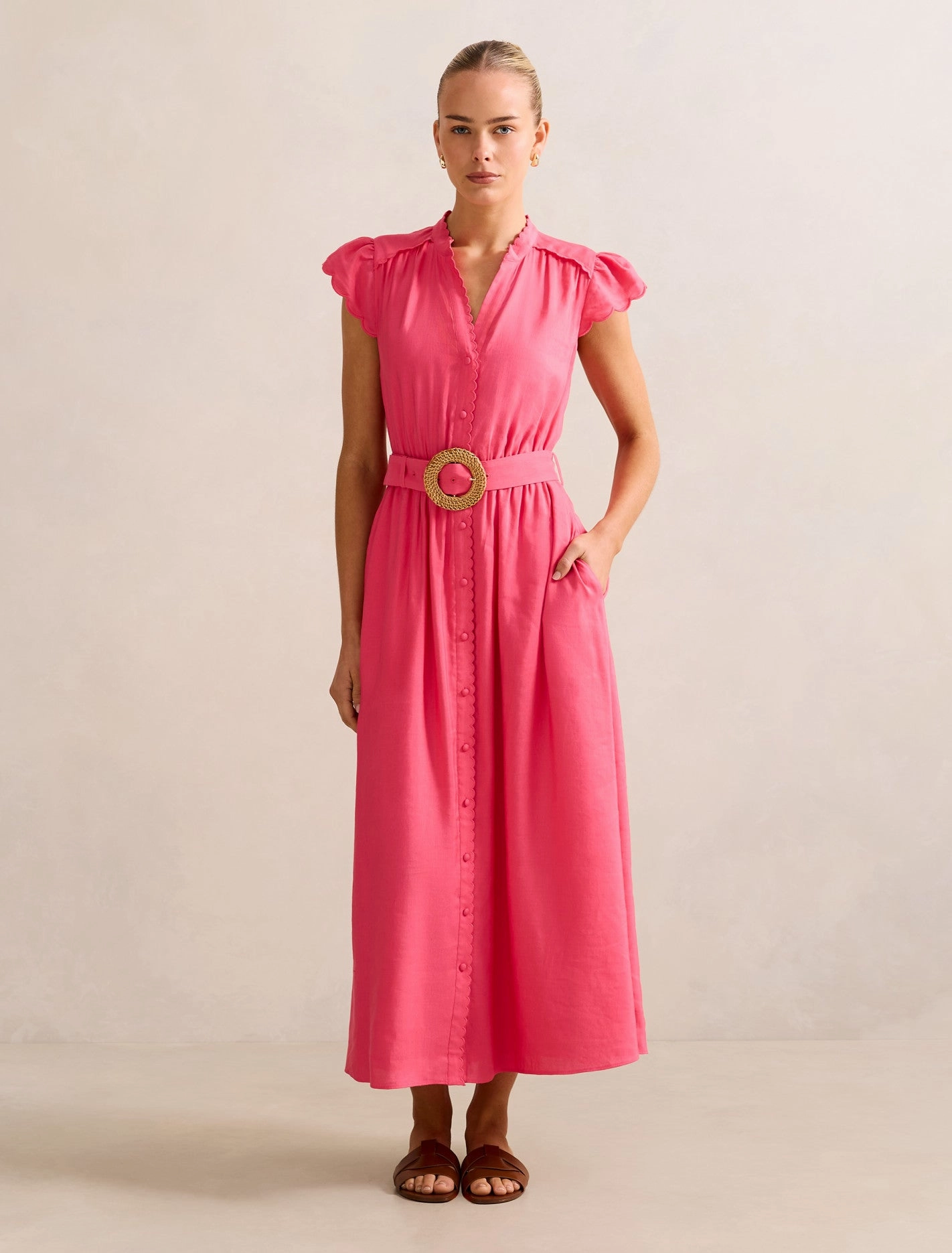 Bohemian-Style Elegant Waist Serafina Scallop Edge Linen Midi Dress