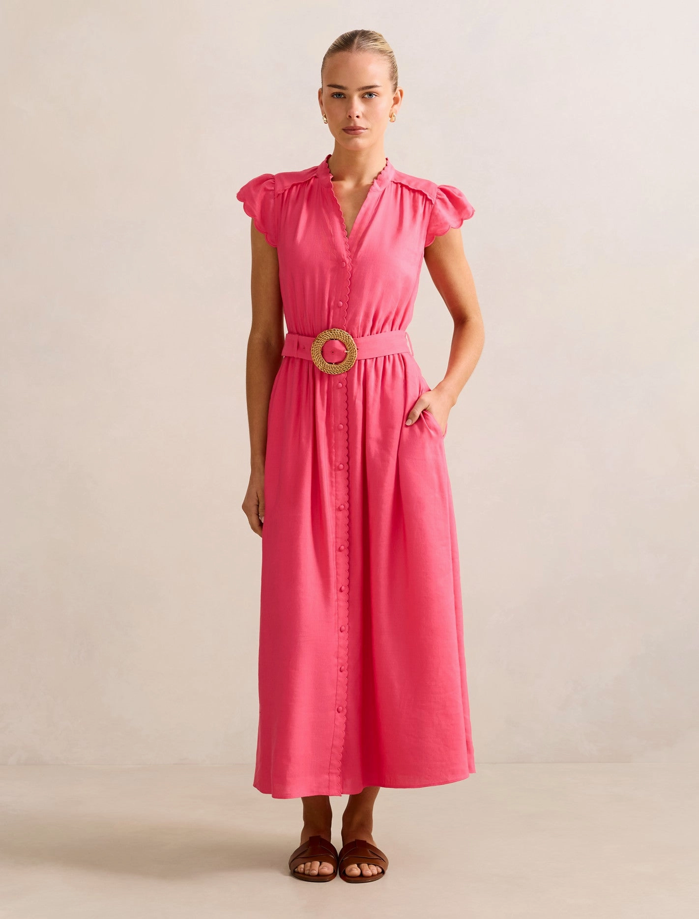 Bold-Color Serafina Scallop Edge Linen Midi Dress