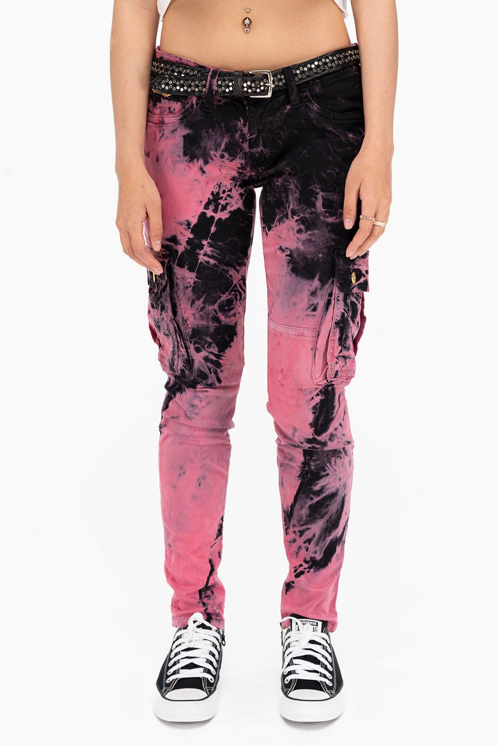 Slim Sunny Vibes Festival Outfit ZIPPER-MILITARY STYLE WOMENS CARGO PANTS IN TIE DYE PINK