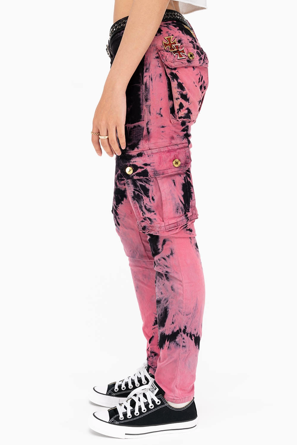 Slim Design ZIPPER-MILITARY STYLE WOMENS CARGO PANTS IN TIE DYE PINK