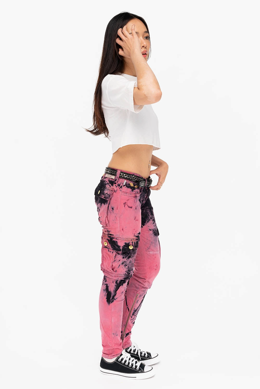 ZIPPER-MILITARY STYLE WOMENS CARGO PANTS IN TIE DYE PINK Minimalist Design