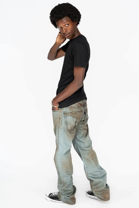 Family Style Elegant Sustainable Denim Production MENS LONG FLAP  BOOT CUT JEANS WITH CRYSTALS IN FASHION VINTAGE BLUE