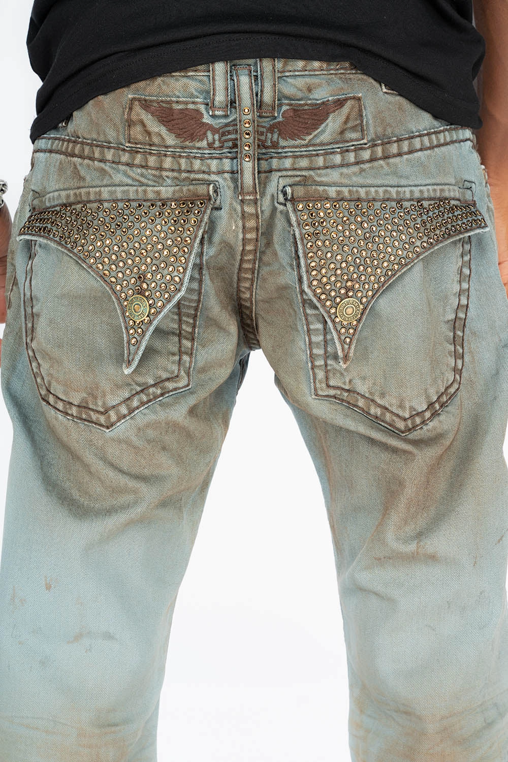 MENS LONG FLAP  BOOT CUT JEANS WITH CRYSTALS IN FASHION VINTAGE BLUE Easy Outfit